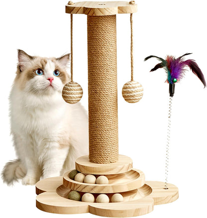 Cat Scratching Post, 4 in 1 Wooden Cat Scratcher Toy, 17.7" Tall Scratch Post with 2 Level Cat