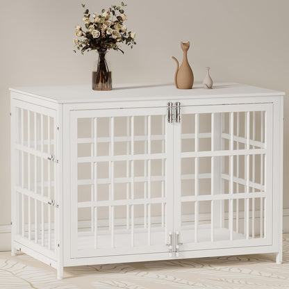 38 Inch Heavy Duty Wooden Dog Kennel End Table with Double Door Design and Secure Locks, Indoor Pet