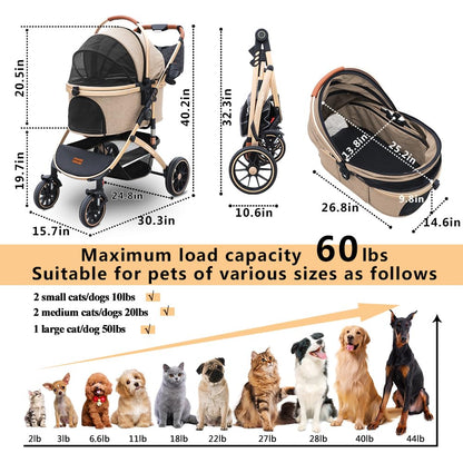 Pettingzoo Dog stroller with 4 Wheels, Folding Cat Stroller for Small/Medium/Large dogs & cats to