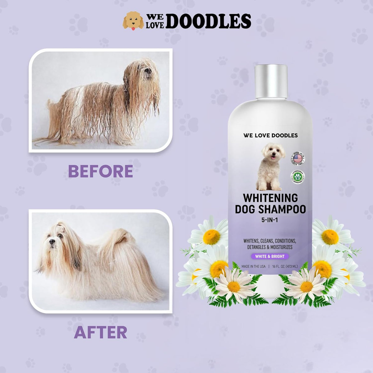 Whitening Dog Shampoo | Made in USA | Brightening Dogs Fur | White & Bright Hair | Removes Stains &