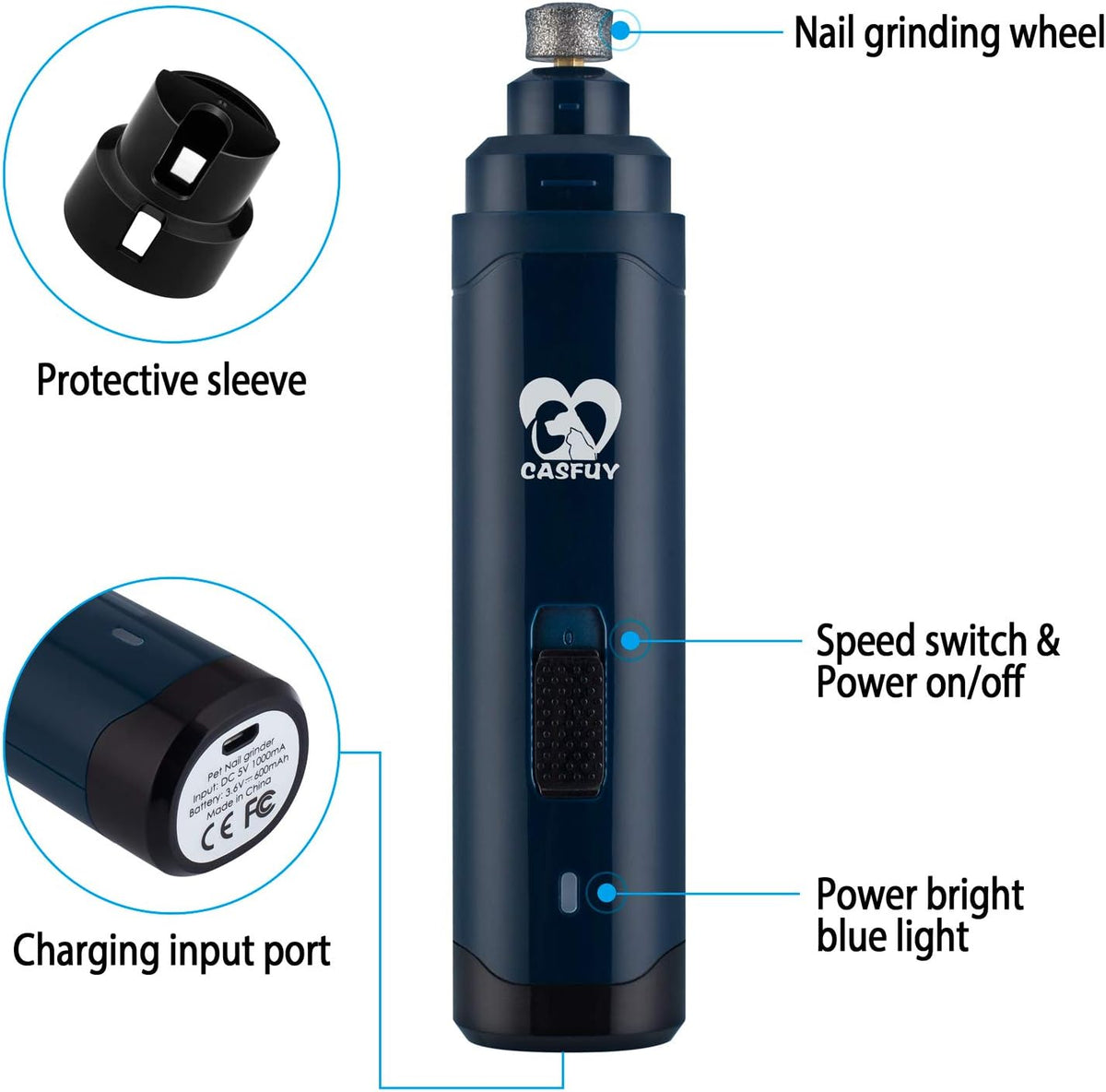 Casfuy Dog Nail Grinder Upgraded - Professional 2-Speed Electric Rechargeable Pet Nail Trimmer