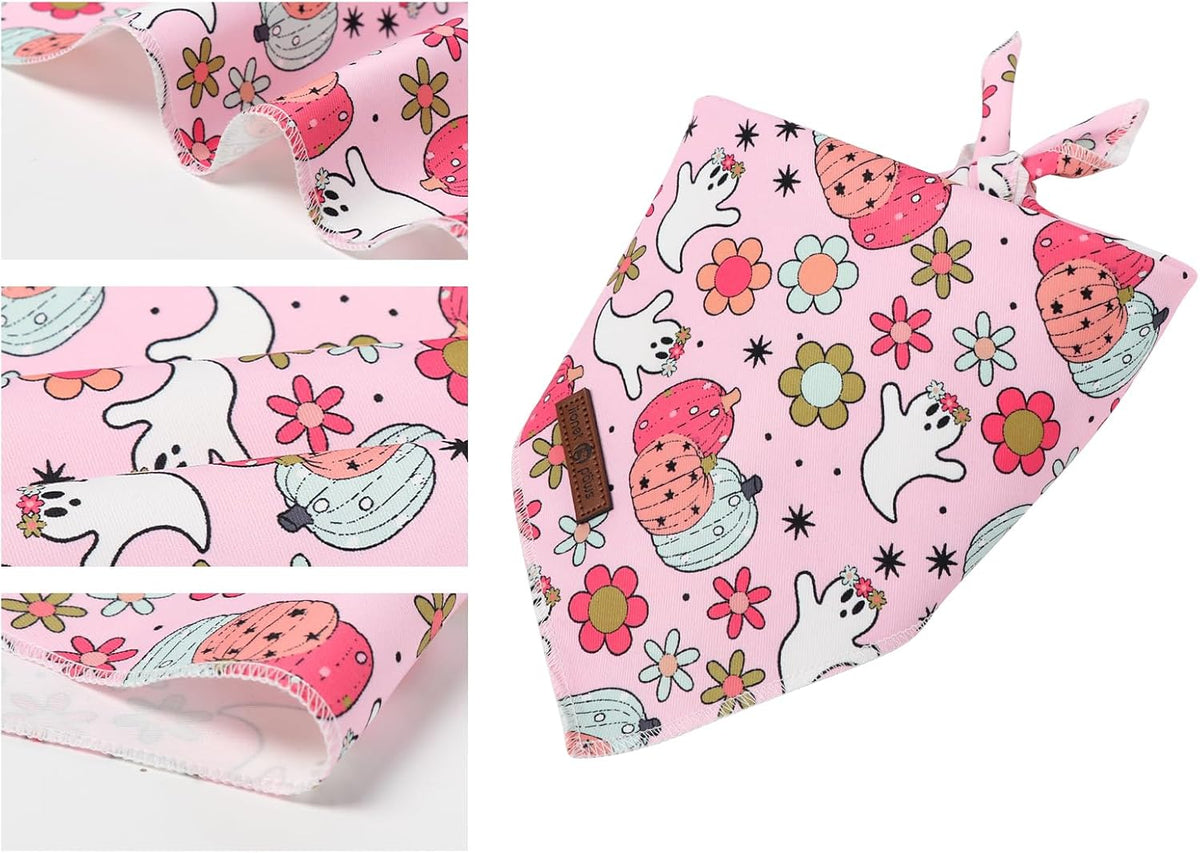 Lionet Paws Halloween Dog Bandana Washable Cotton Handkerchief Scarf Triangle Flower Ghost Pink