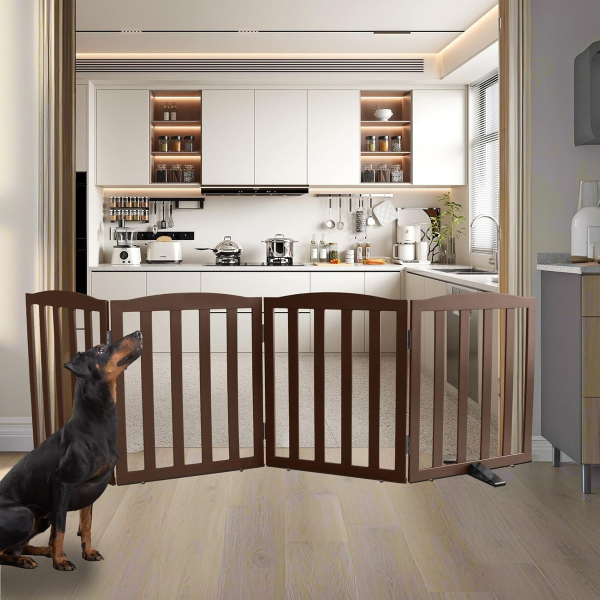 ZJSF Foldable Freestanding Indoor Dog Gate for House Wood Long Pet Gates Dog Fence for Stairs Puppy