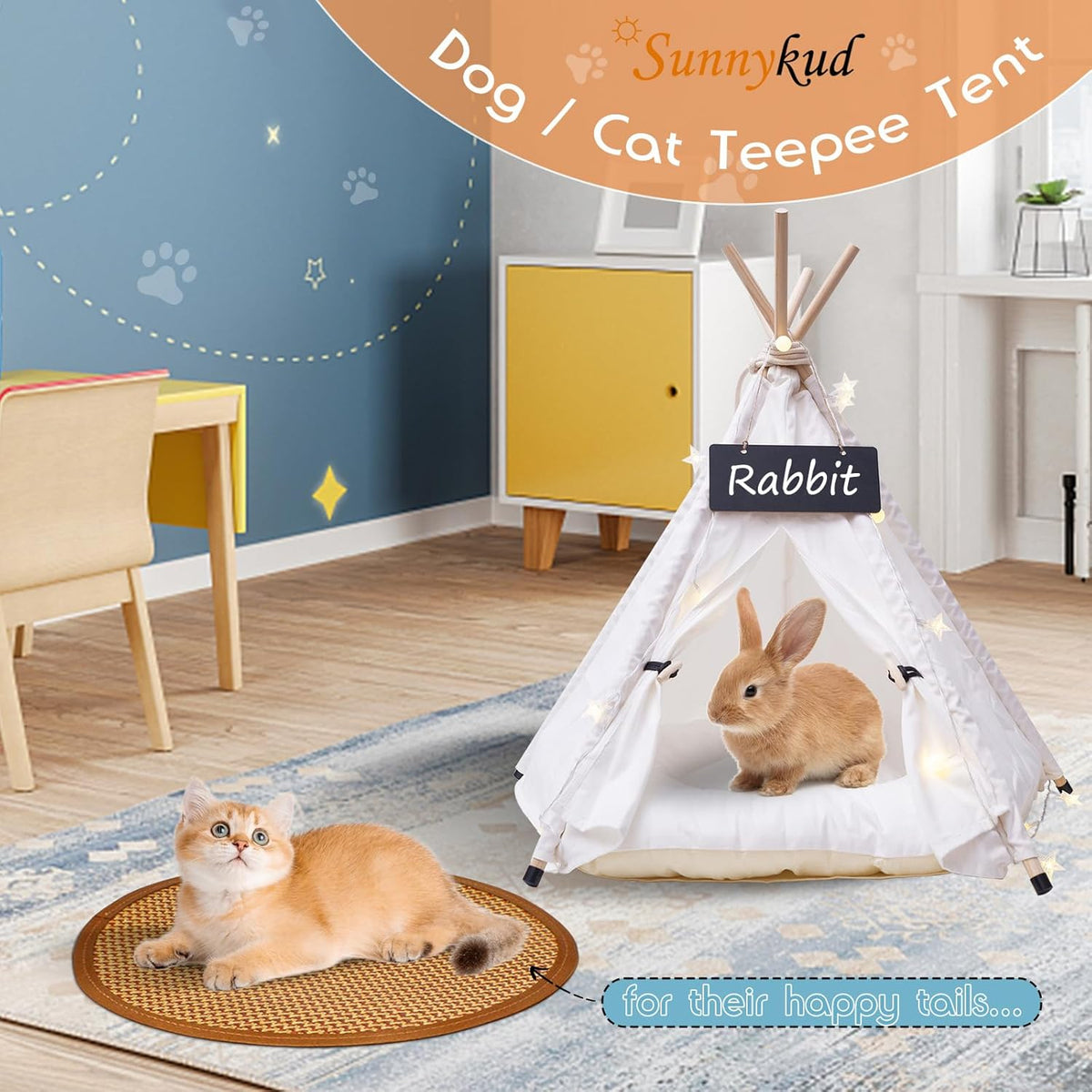 16" Dog& Cat Teepee Tent +20" Pet Cooling Mat +10ft Star String Light [2-Modes],Cotton Thicked Soft