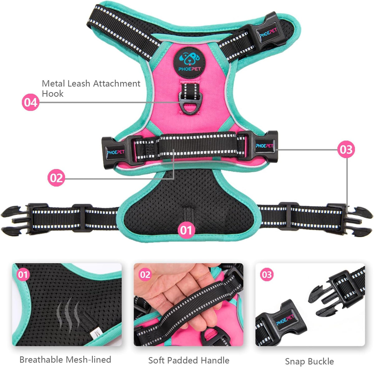 PHOEPET 2019 Upgraded No Pull Dog Harness, Reflective Adjustable Vest, with a Training Handle + 2