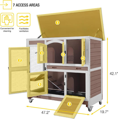 Aivituvin Rabbit Hutch Indoor, Bunny Cage with Wheels, 2-Story Design, 2 Deep Trays, Anti Slip
