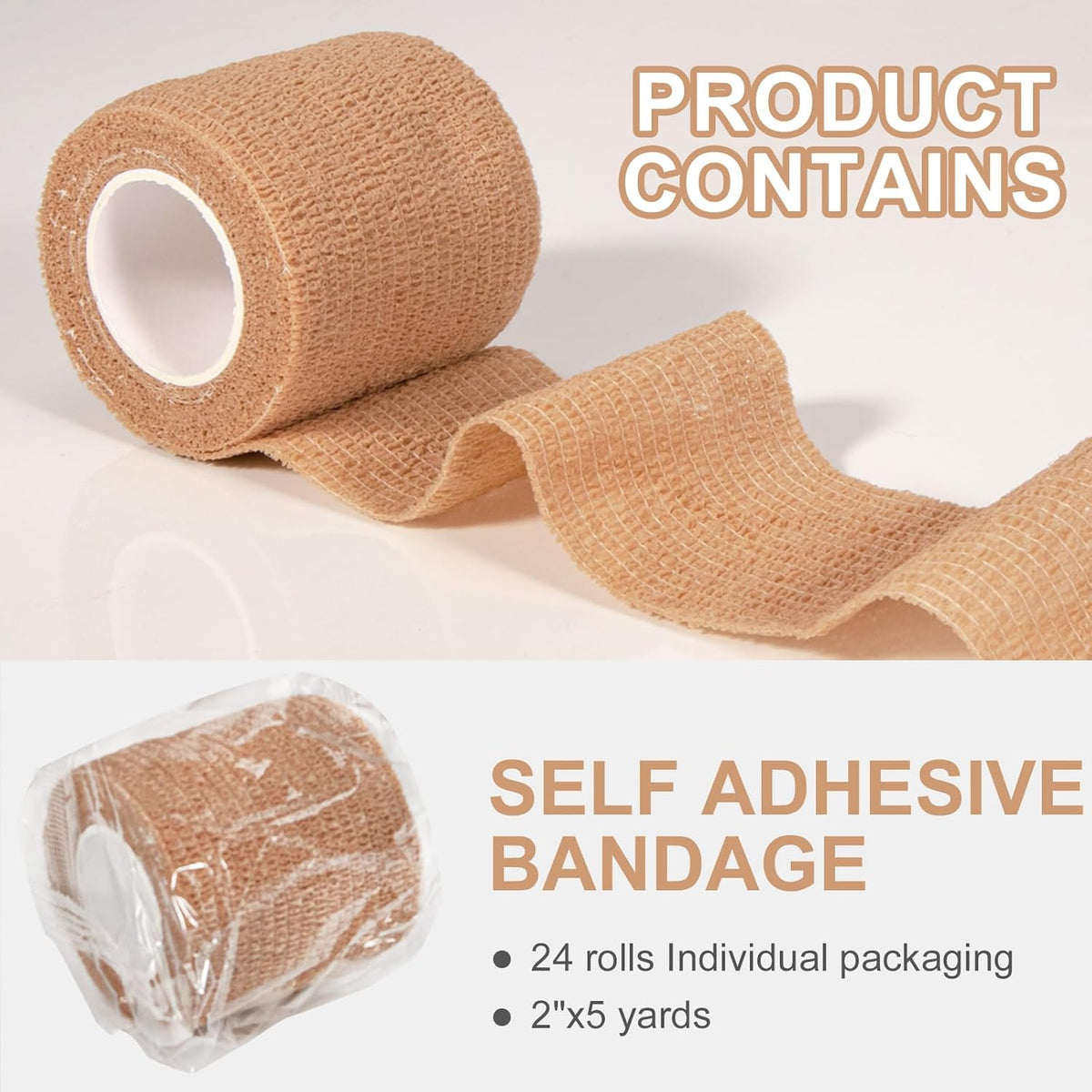 24 Pack Self Adhesive Bandage Wrap, 2” x 5 Yards Cohesive Medical Tape Elastic Grip Tape Sports