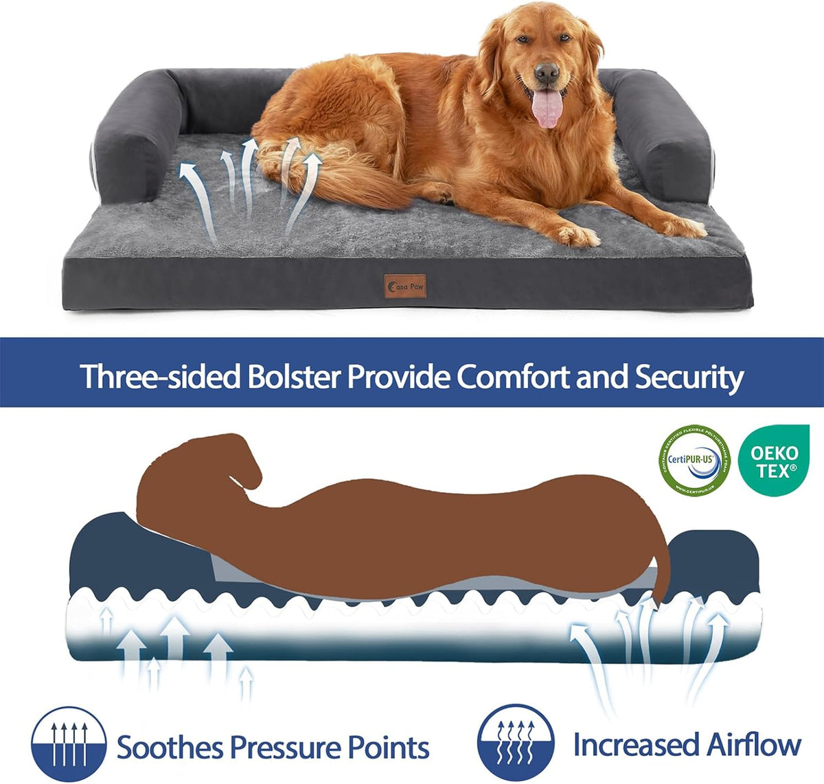 Orthopedic Dog Beds for Extra Large Dogs, Memory Foam Dog Couch Beds with Comfy Bolster, Waterproof