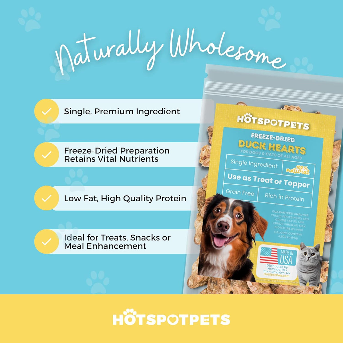 hotspot pets Freeze Dried Duck Heart Treats for Cats & Dogs - Made in USA, 1LB Big Bag - Single
