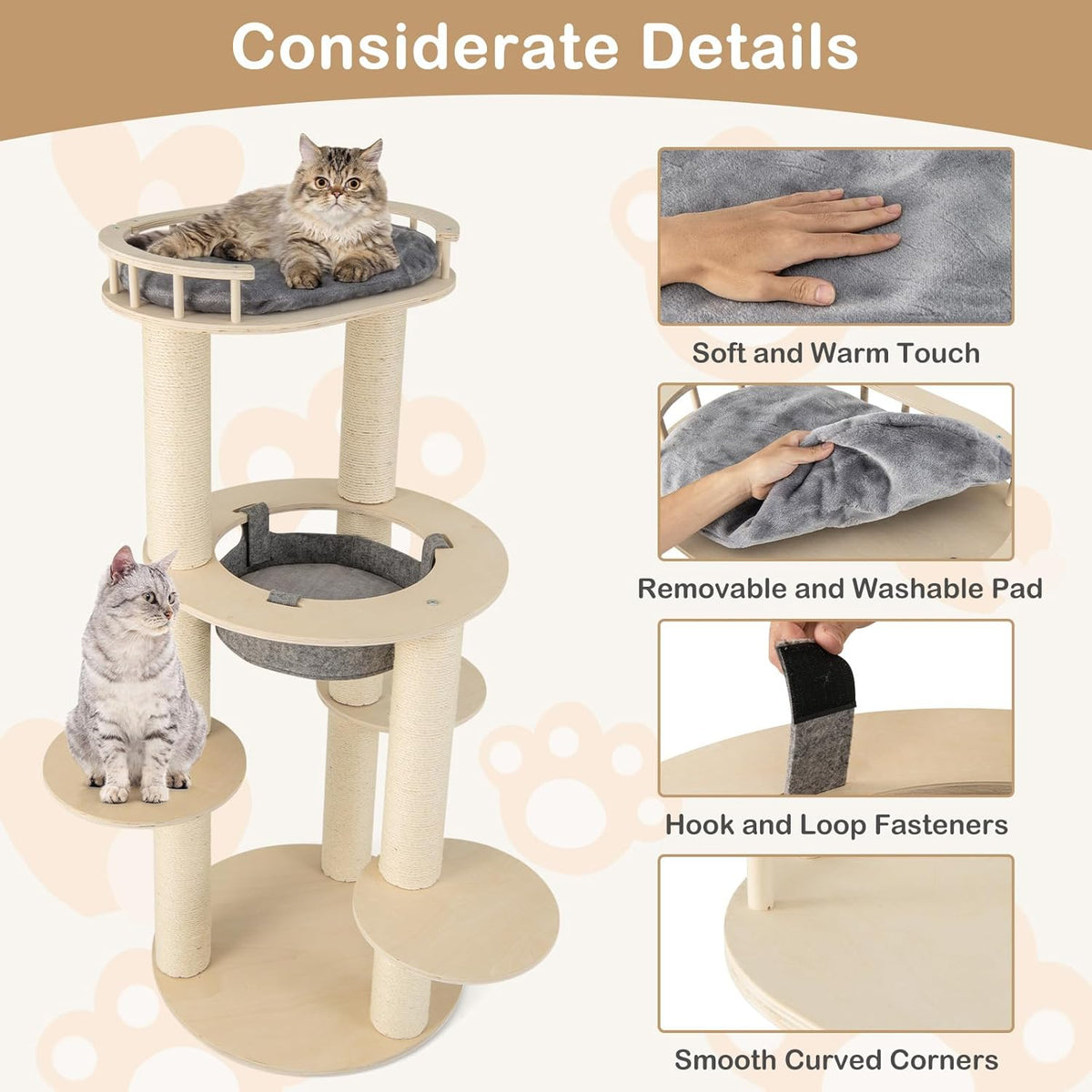 Tangkula Wood Cat Tree, 59 Inch Multi-Level Cat Tower with Top Padded Perch, Hammock, 3 Platforms &