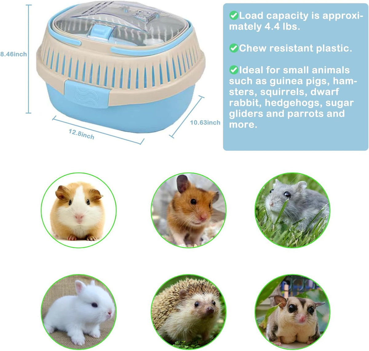 Hamster Carrier Guinea Pig Carrier 13 X 11 X 8 In Portable Hamster Travel Cage with Ventilation
