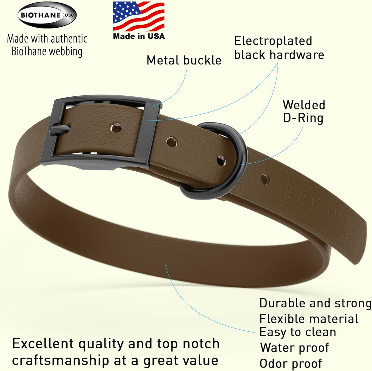 Dogline Biothane Waterproof Dog Collar Strong Coated Nylon Webbing with Black Hardware Odor- Proof