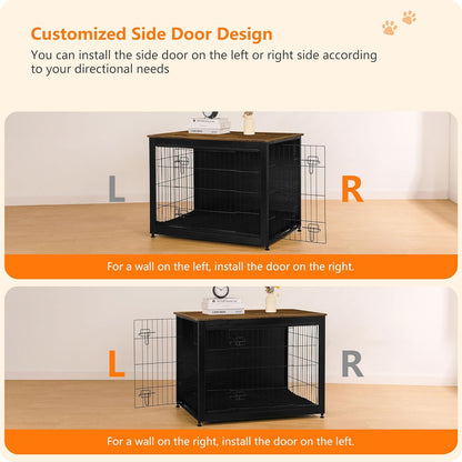 DWANTON Dog Crate Furniture with Cushion, Wooden Kennel Table with Double Doors, Indoor Dog House