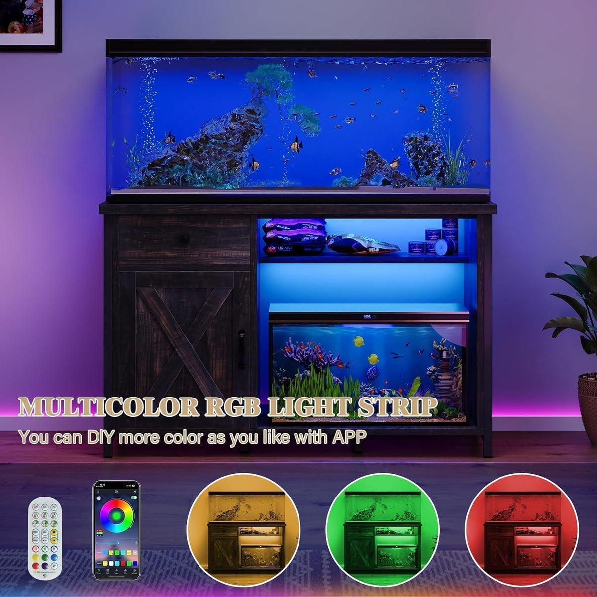 4ever2buy 55 Gallon Fish Tank Stand with LED Light & Power Outlets, 55-75 Gallon Aquarium Stand