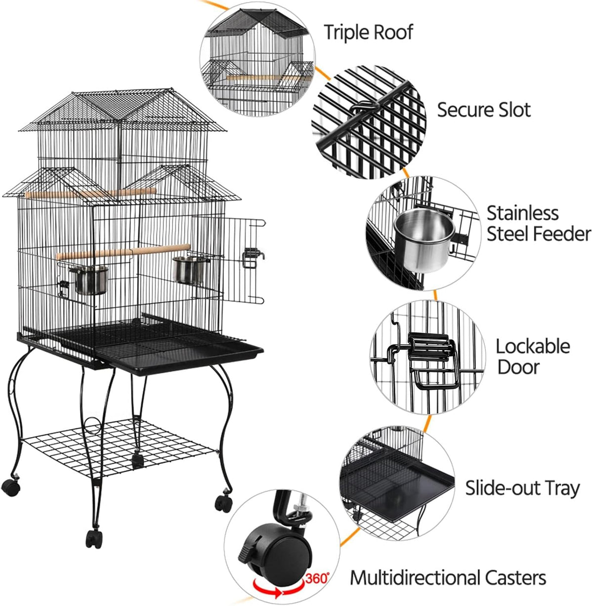 Yaheetech Budgie Cage 55-inch Rolling Standing Triple Roof Medium Parrot Cage Pet Bird Cage with