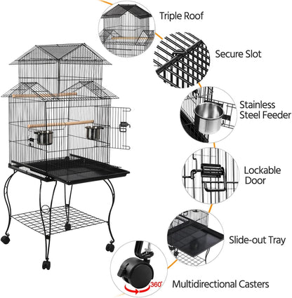 Yaheetech Budgie Cage 55-inch Rolling Standing Triple Roof Medium Parrot Cage Pet Bird Cage with