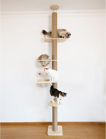 Floor-to-Ceiling Cat Tree with Natural Sisal Rope Scratching Post - Adjustable Height (55-119