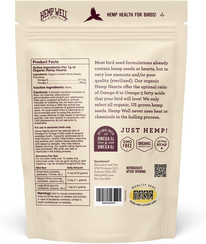 Hemp Well Organic Hemp Hearts –Reduces Feather Plucking, Promotes Relaxation, Immune Support