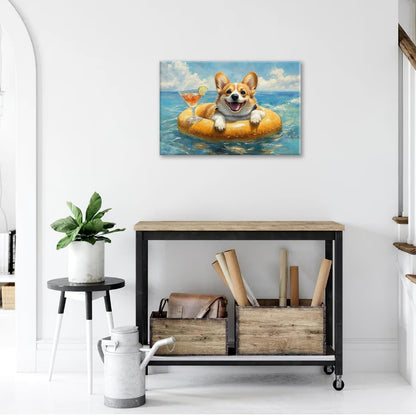 Ocean Funny Corgi Dog Pictures Wall Art, Bathroom Cute Dog Wall Decor Sea Coastal Framed Painting
