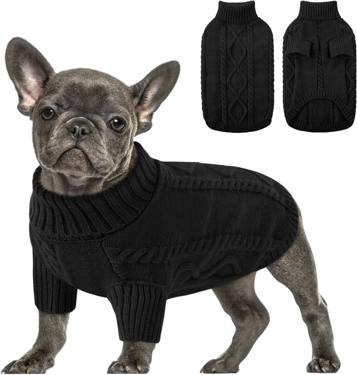 Queenmore Small Dog Pullover Sweater, Cold Weather Cable Knitwear, Classic Turtleneck Thick Warm