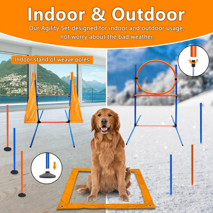Dog Agility Training Equipment Set Outdoor Indoor Game, Tire Jump + Hurdle Jump, Tunnel, Weave
