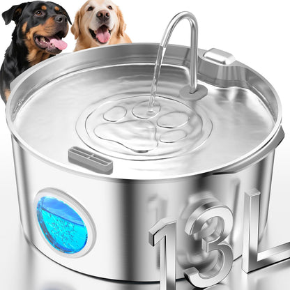 3.4Gal Dog Water Fountain for Large Dogs, Extra Large Stainless Steel Pet Water Fountain, Round Dog