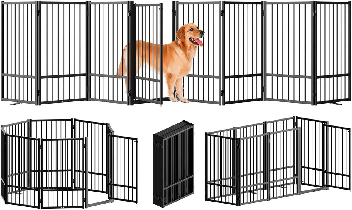 Full Metal Freestanding Dog Gate with Door, 32''Height Foldable Pet Dog Fence for Indoor & Outdoor