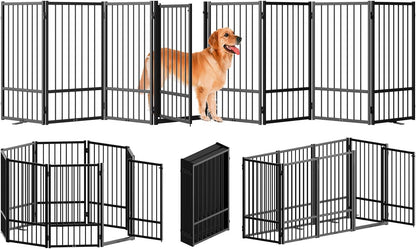 Full Metal Freestanding Dog Gate with Door, 32''Height Foldable Pet Dog Fence for Indoor & Outdoor