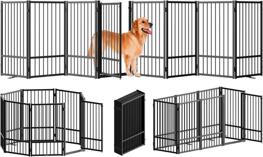 Full Metal Freestanding Dog Gate with Door, 32''Height Foldable Pet Dog Fence for Indoor & Outdoor