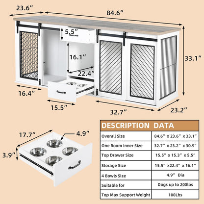Extra Large Dog Crate Furniture, 85" Sliding Door Double Kennel for 2 Large Dogs Divided, Heavy