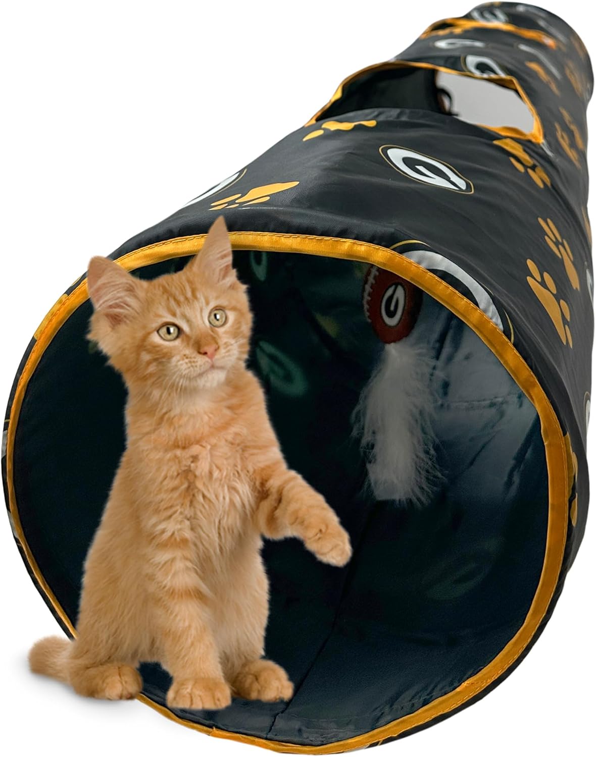 NFL Green Bay Packers Cat Tunnel Tube Toy with Plush Football Catnip and Feathers Collapsible