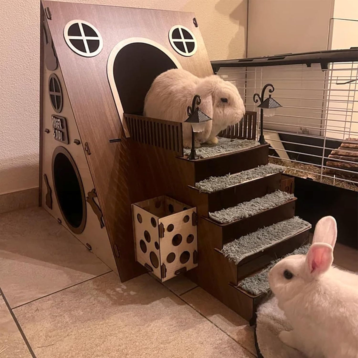 Large Modern Wooden Rabbit Castle House Hutch - Bunny Hideout Indoor Habitats - Pet 2-Story Home