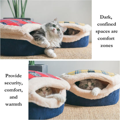 Cat Cave Bed – Plush, Warm & Calming Hideaway with Detachable Lid & Mat, Covered House for Indoor