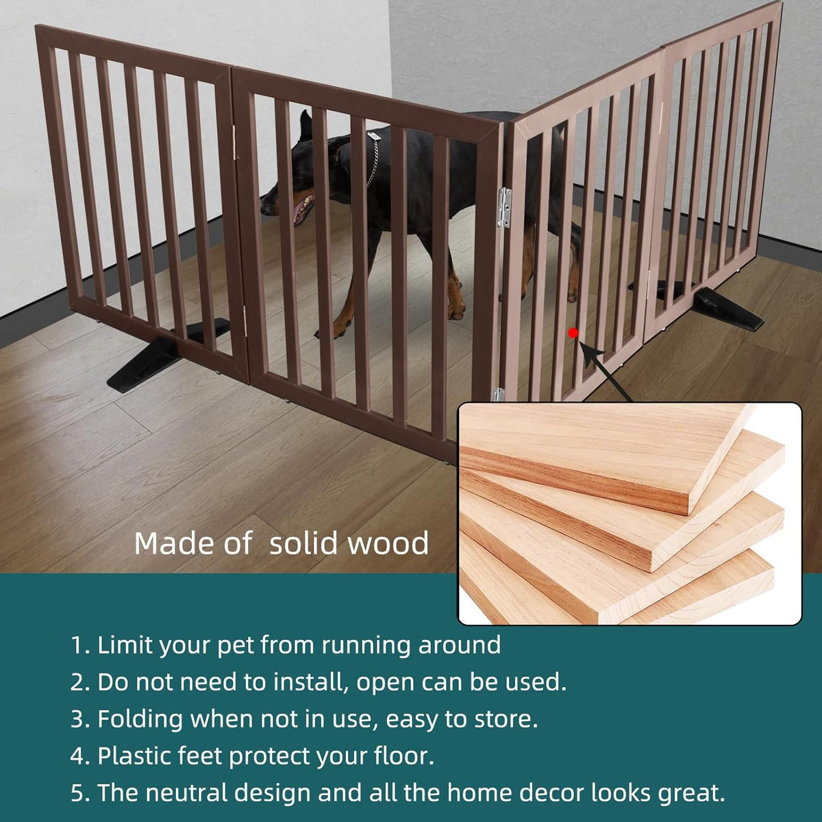 ZJSF Freestanding Indoor Dog Gate for House Foldable Wood Puppy Gate for Doorways Pet Gate for