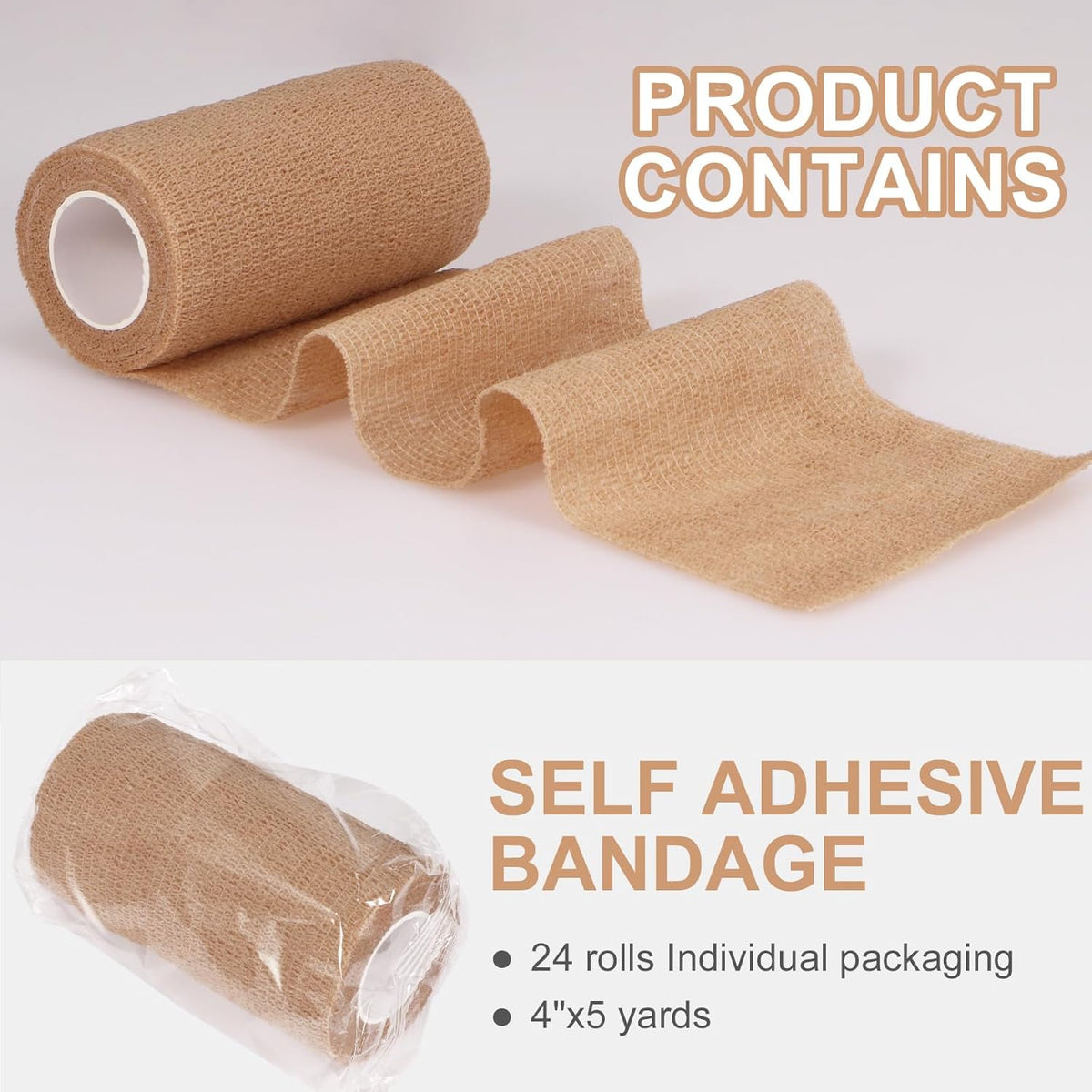 24 Pack Self Adhesive Bandage Wrap, 4” x 5 Yards Cohesive Medical Tape Elastic Wrap for Sports
