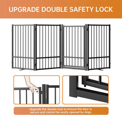 Full Metal Freestanding Dog Gate with Door, 32''Height Foldable Pet Dog Fence for Indoor & Outdoor