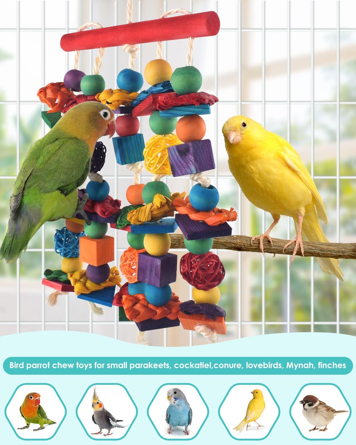 Bird Toys, 2PCS Parrot Foraging Hanging Toy, Multicolored Natural Wooden Blocks Parakeet Chewing