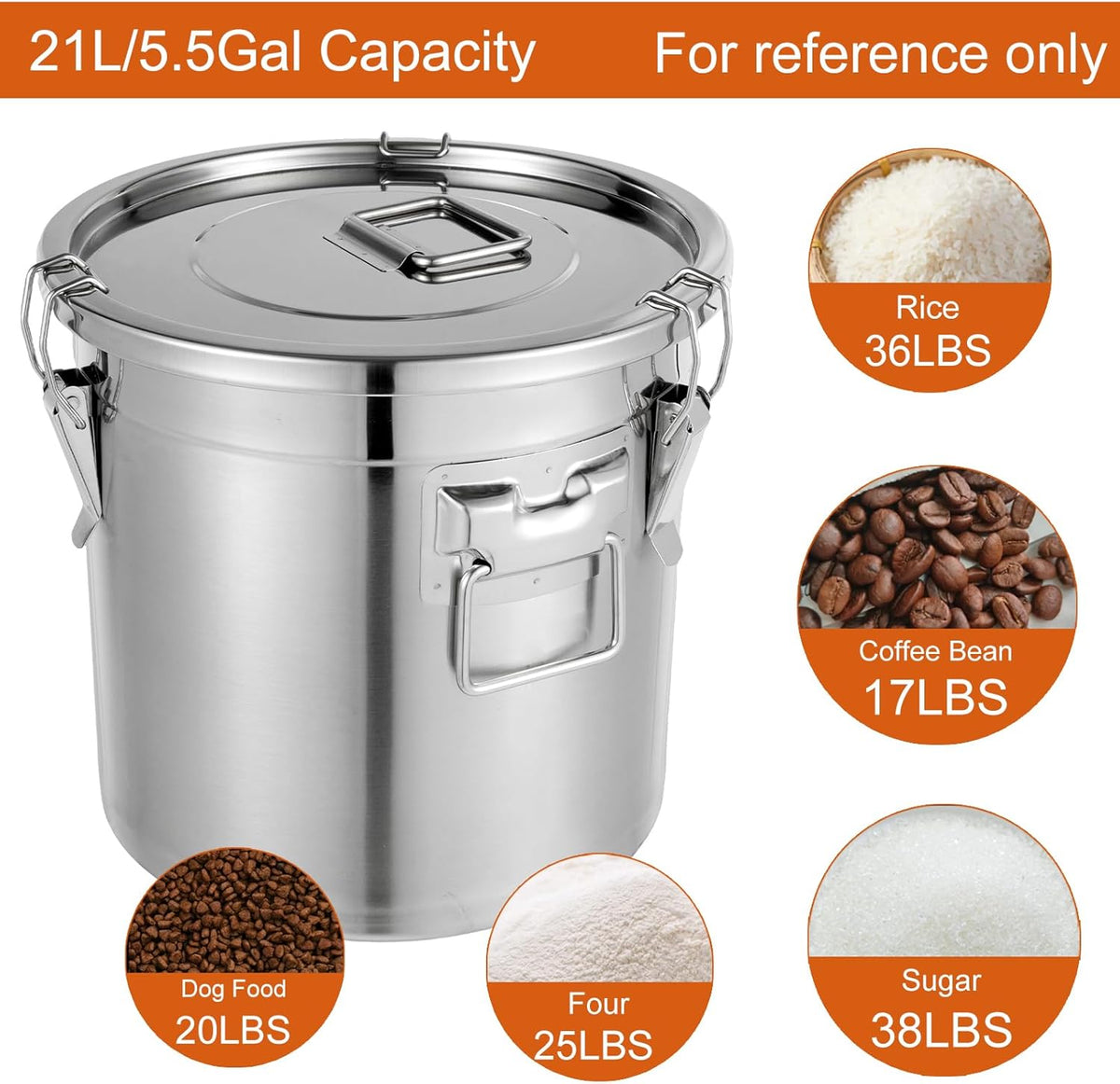DYNAMI 5.5Gal 304 Stainless Steel Airtight Container with Lid and Locking Clamp,17-38Lbs Metal