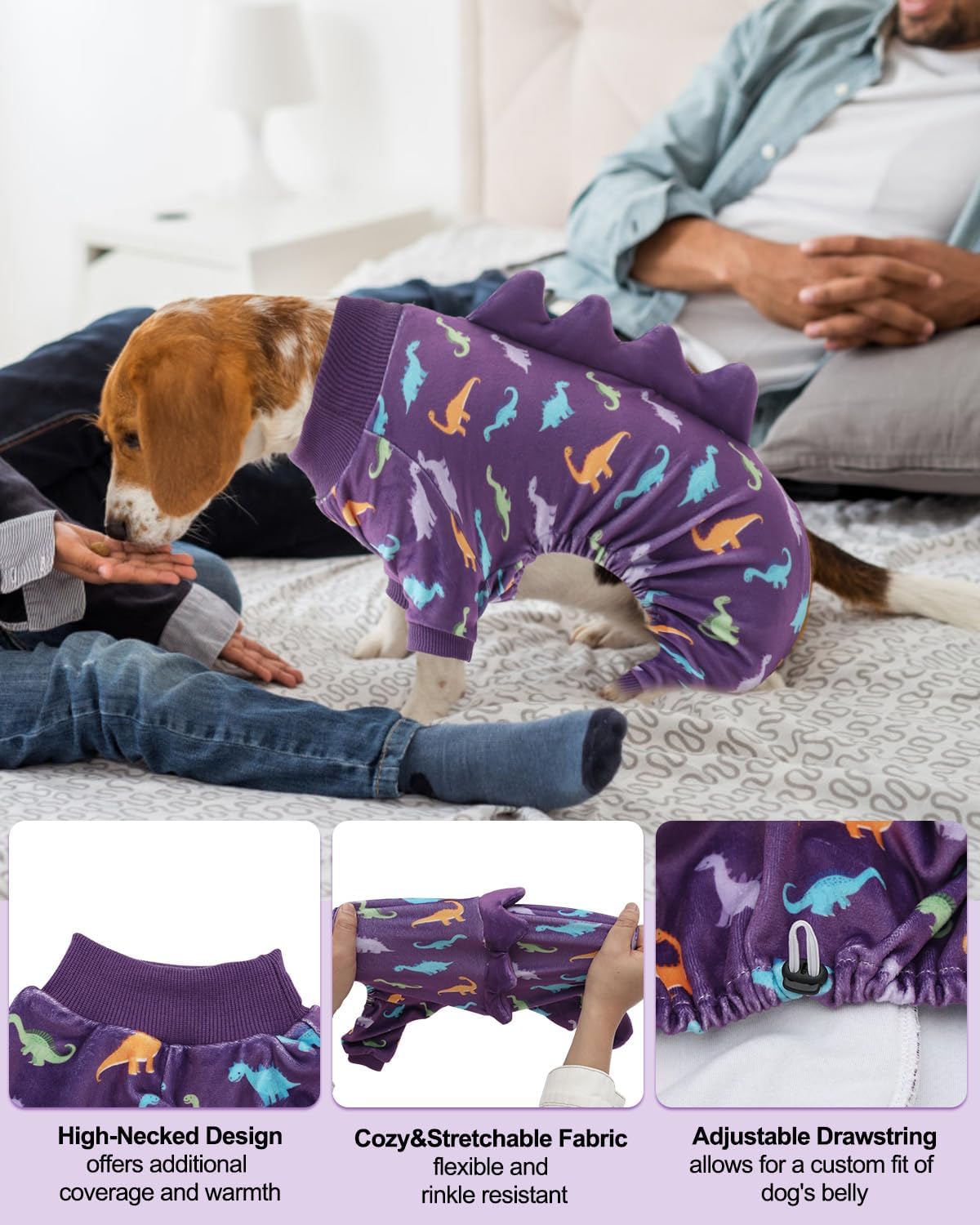 CuteBone Dinosaur Costume Dog Pajamas, Stretchy Spandex Crystal Velvet Sleepwear Coat for Small