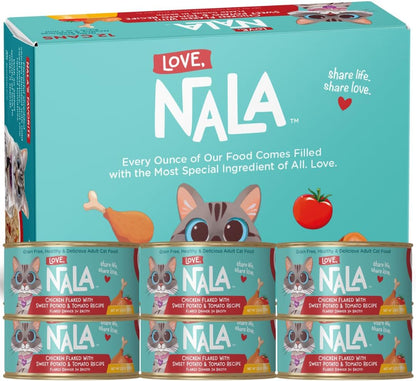 LOVE, NALA - Natural Adult Cat Wet Food - FLAKED Chicken, Sweet Potato, Tomato in Broth - Grain