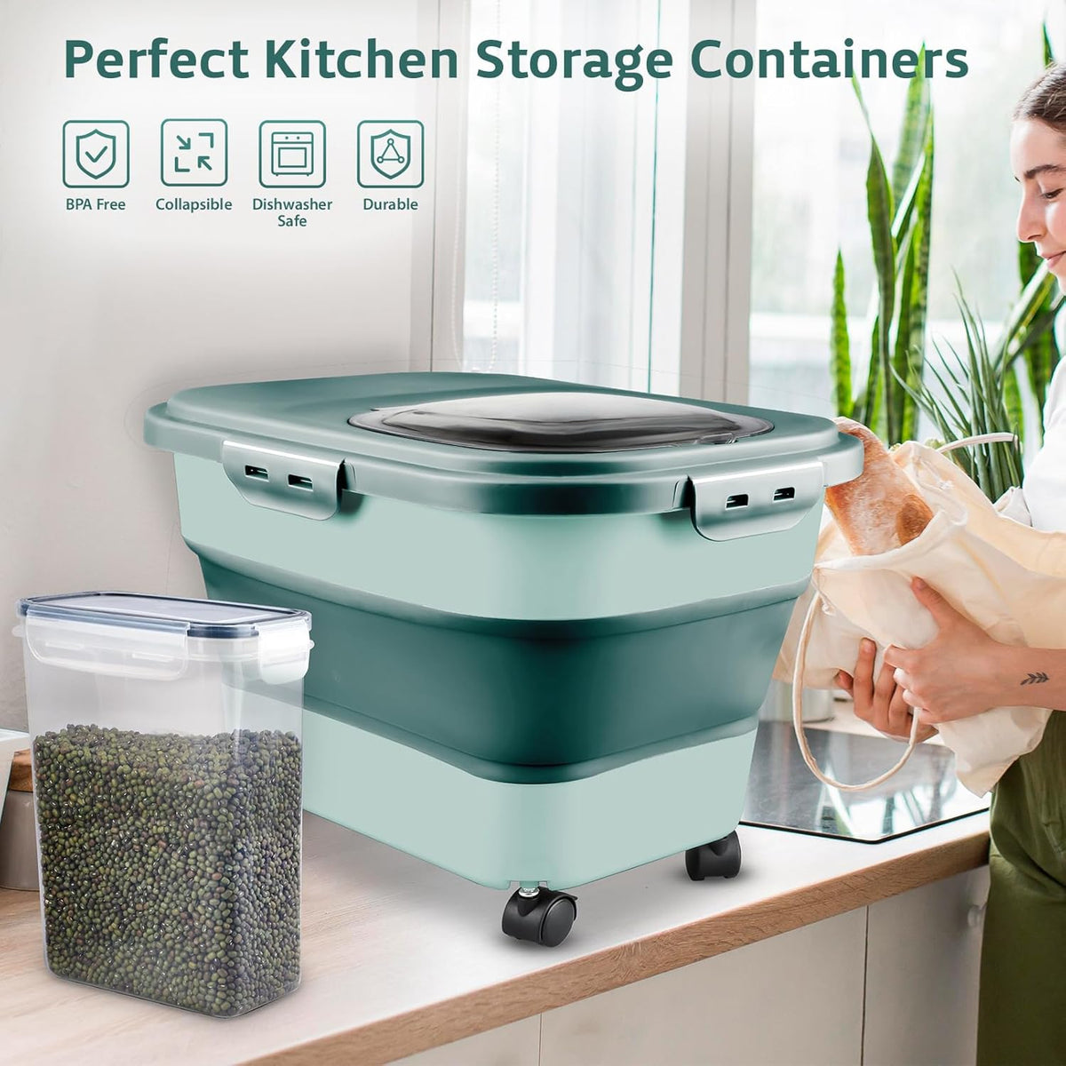 Rice Storage Containers, Collapsible 20 to 30Lbs Food Storage Bin Dispenser with Rolling Wheel and