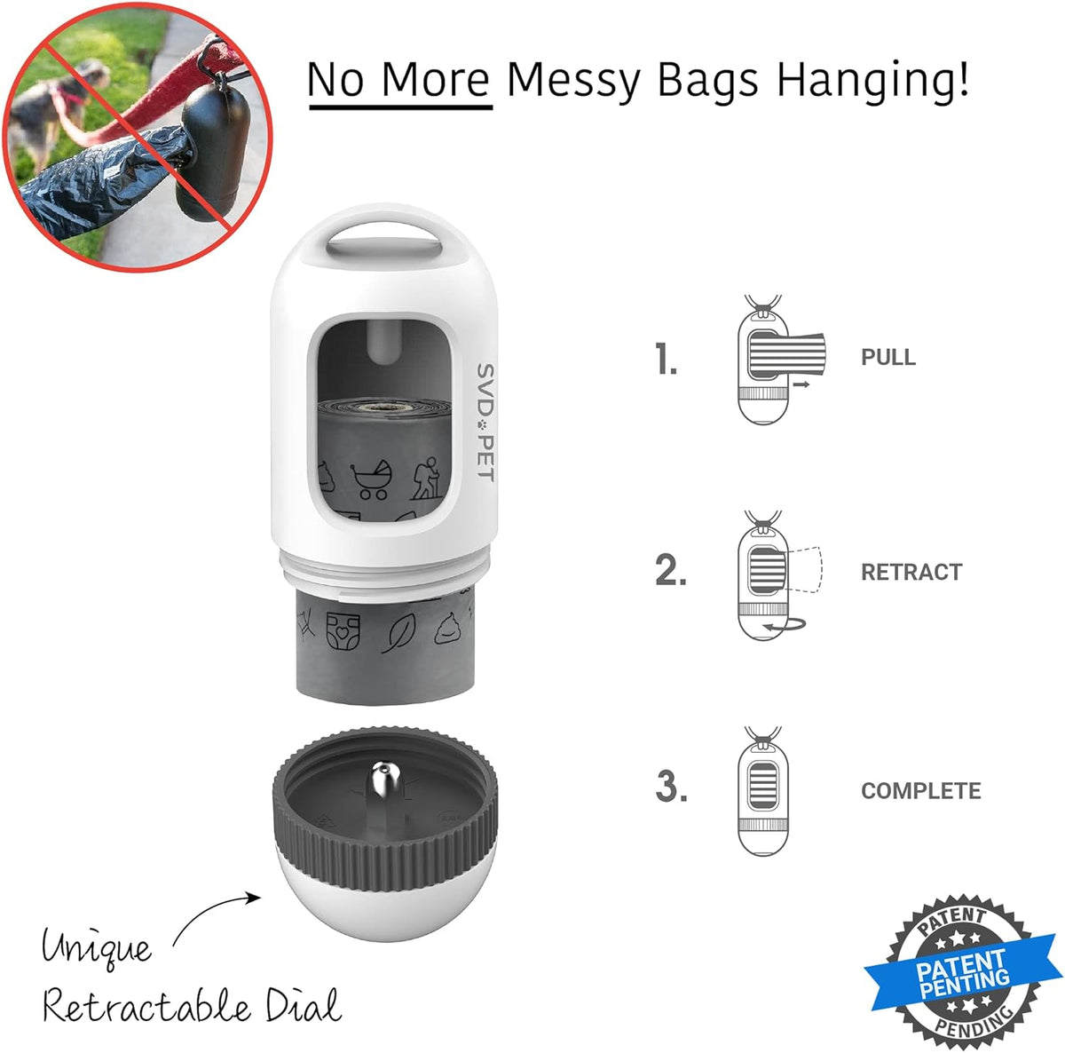 SVD.PET Dog Poop Bag Dispenser, Retractable Waste Bag Fits Any Dog Leash, Drop-Proof Poop Bag