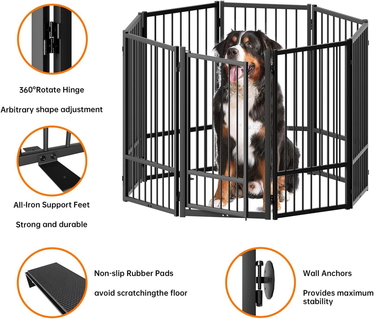 Full Metal Freestanding Dog Gate with Door, 32''Height Foldable Pet Dog Fence for Indoor & Outdoor