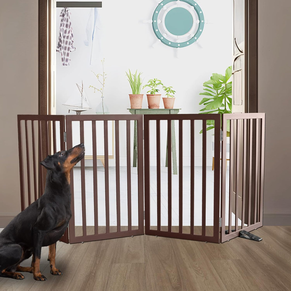 ZJSF Freestanding Indoor Dog Gate for House Foldable Wood Puppy Gate for Doorways Pet Gate for