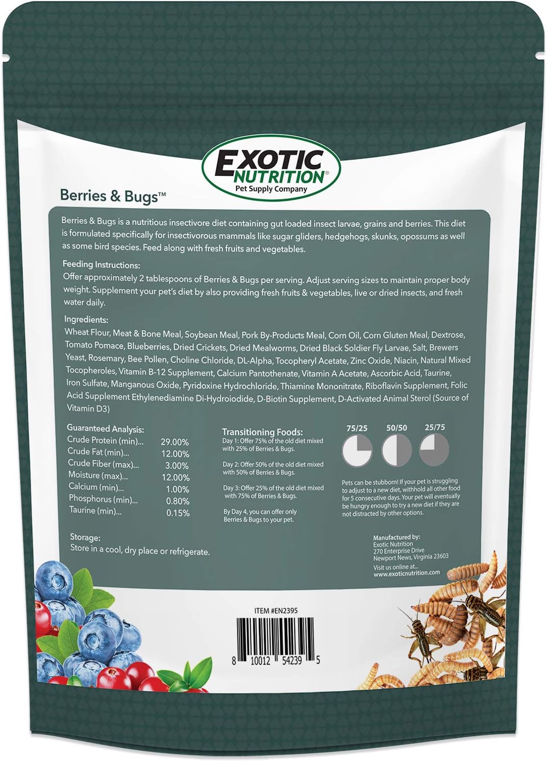 Berries & Bugs 1.5 lb - All Natural High Protein High Fiber Food for Hedgehogs, Skunks, Opossums