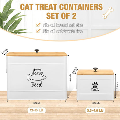 Extra Large Metal Cat Food Containers Airtight 12+3.5 lbs Cat Treat Snack Jars Set of 2 with Bamboo