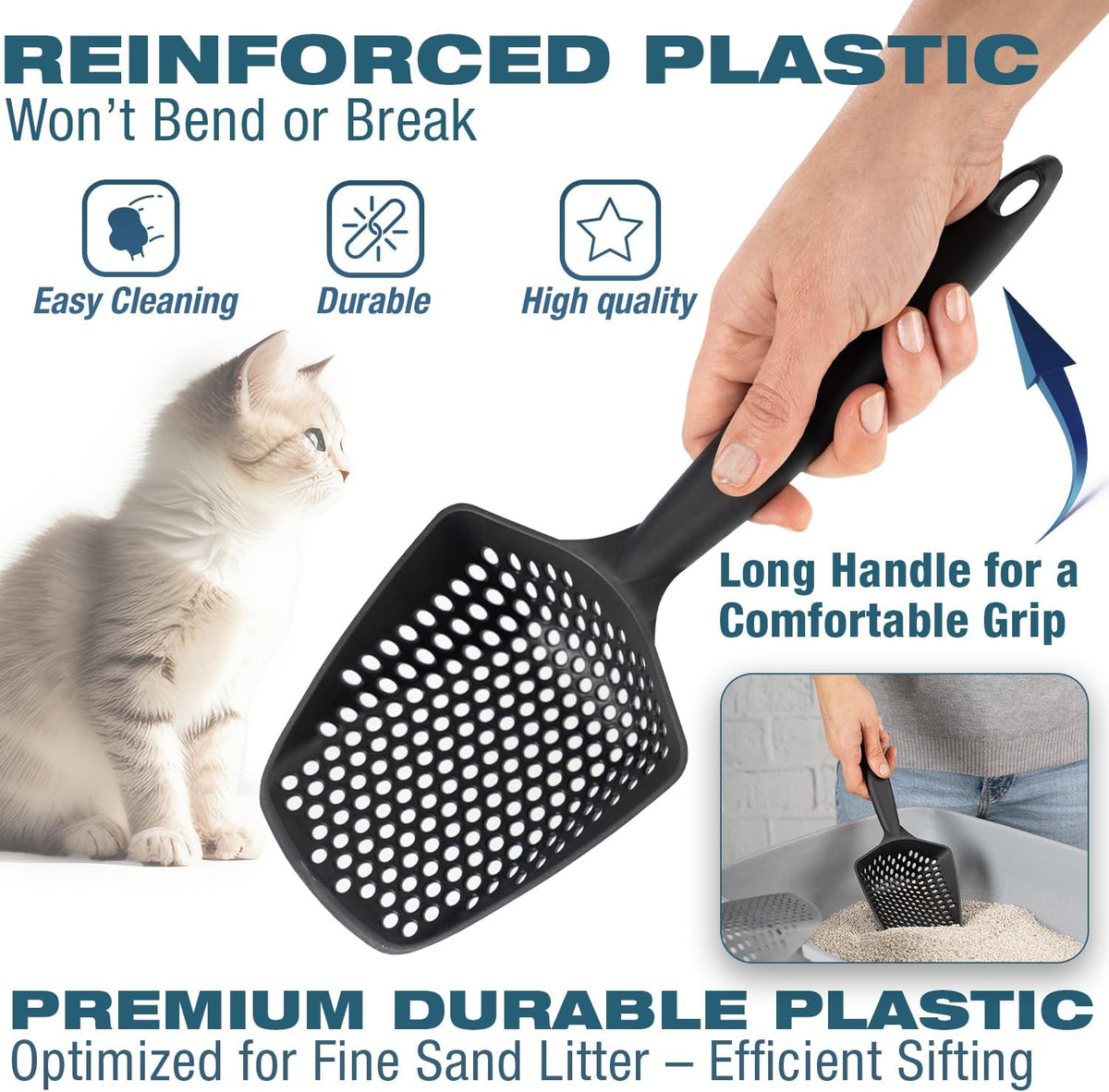 Set of 2 Cat Litter Scoop with Small Holes for Fine Litter, Hanging Handle Deep Reptile Terrarium