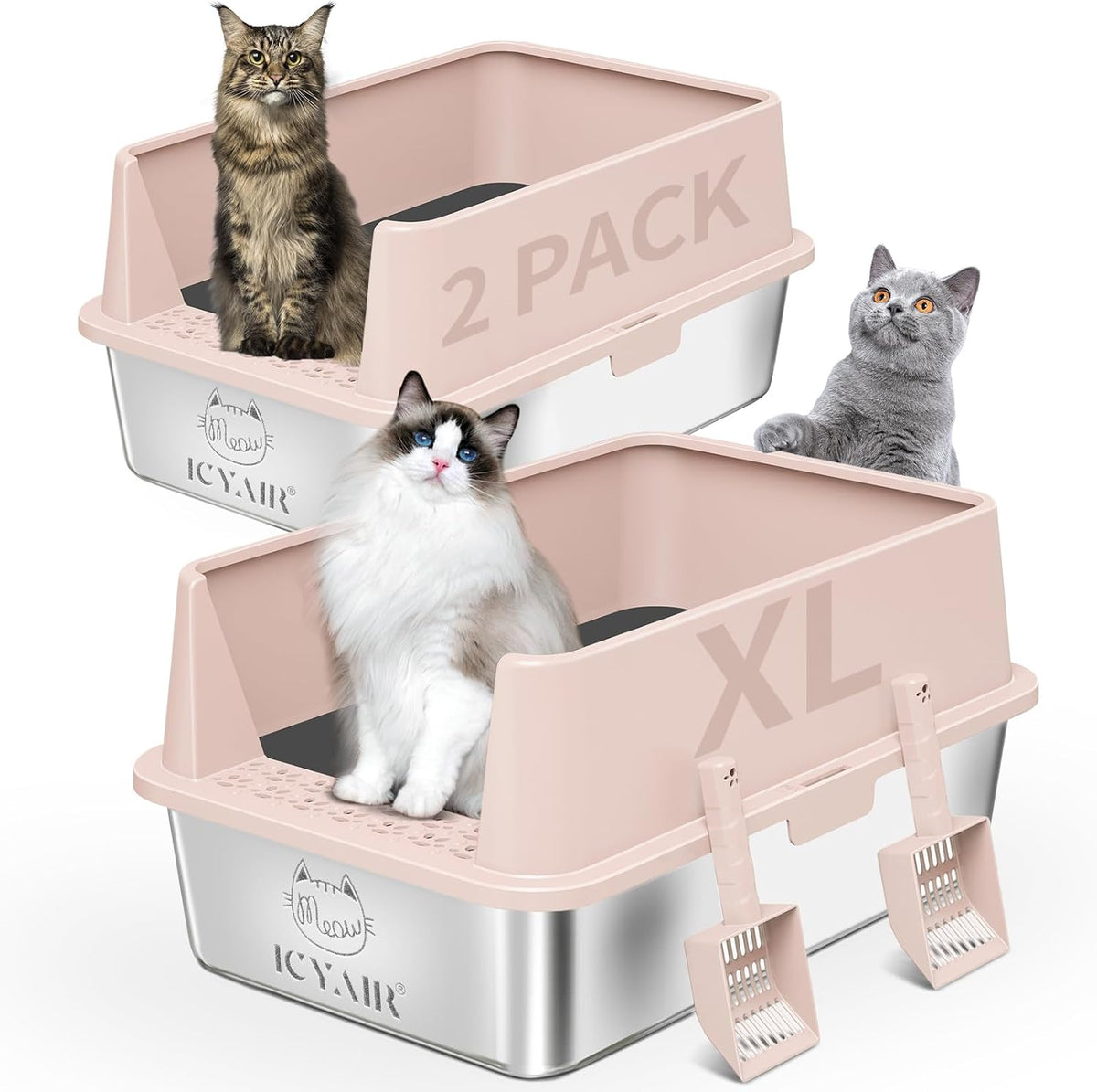2PACK Stainless Steel Cat Litter Box with High Sides Lid, XL Litter Box for Big Multiple Cats