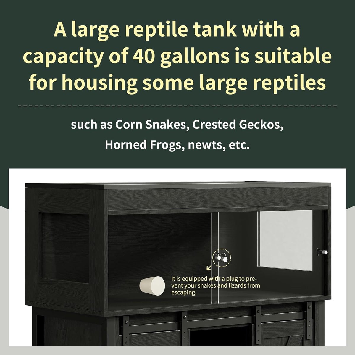 40 Gallon Reptile Terrarium with Stand, Reptile Tank with Barn Door and Storage, Vivarium with