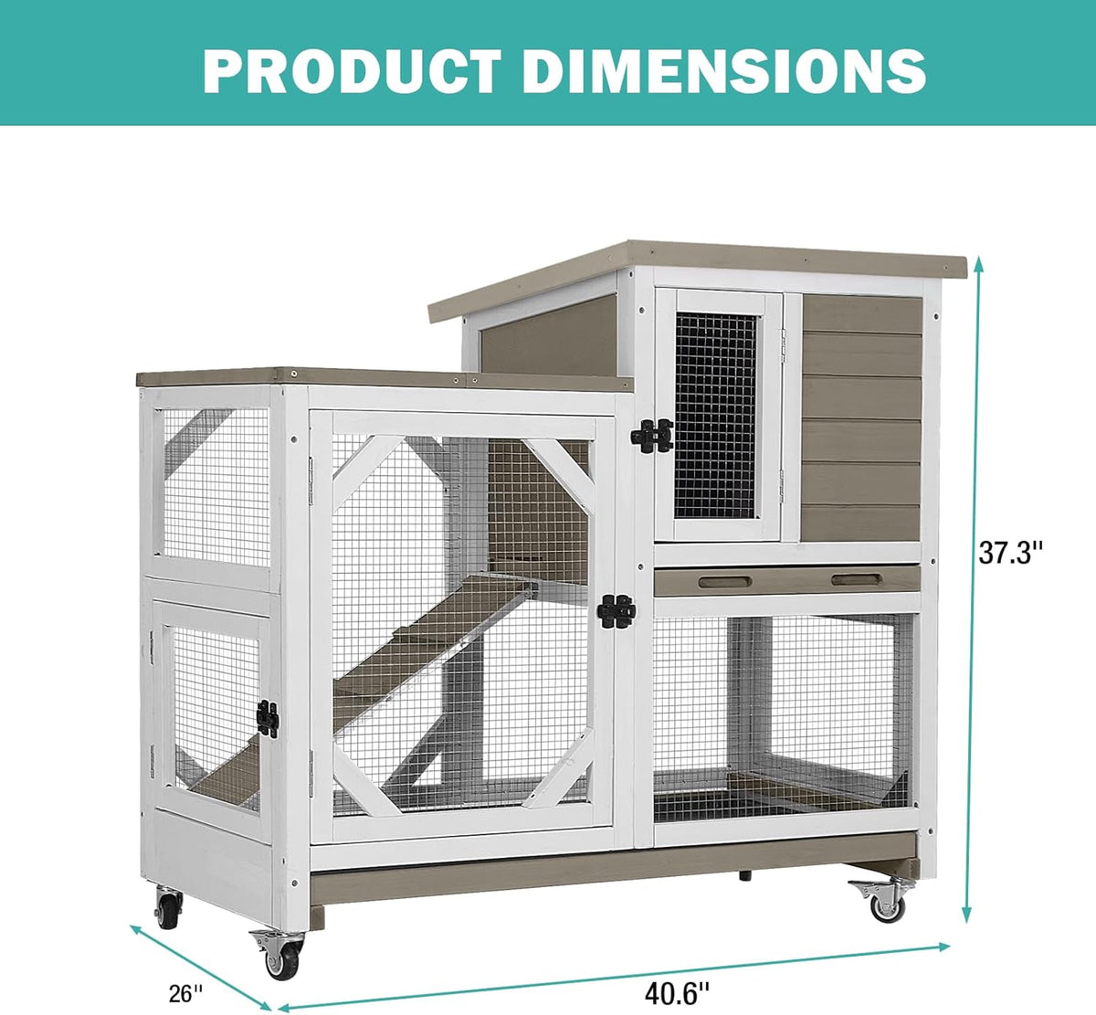 Rabbit Hutch Indoor for 2-4 Rabbits & Guinea Pigs，Bunny Cage with Slide-Out Plastic Trays，Wooden